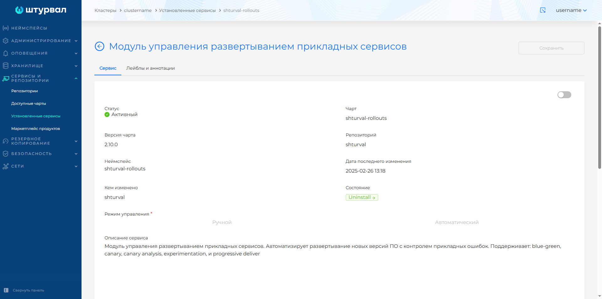 Страница управления сервисом shturval-rollouts