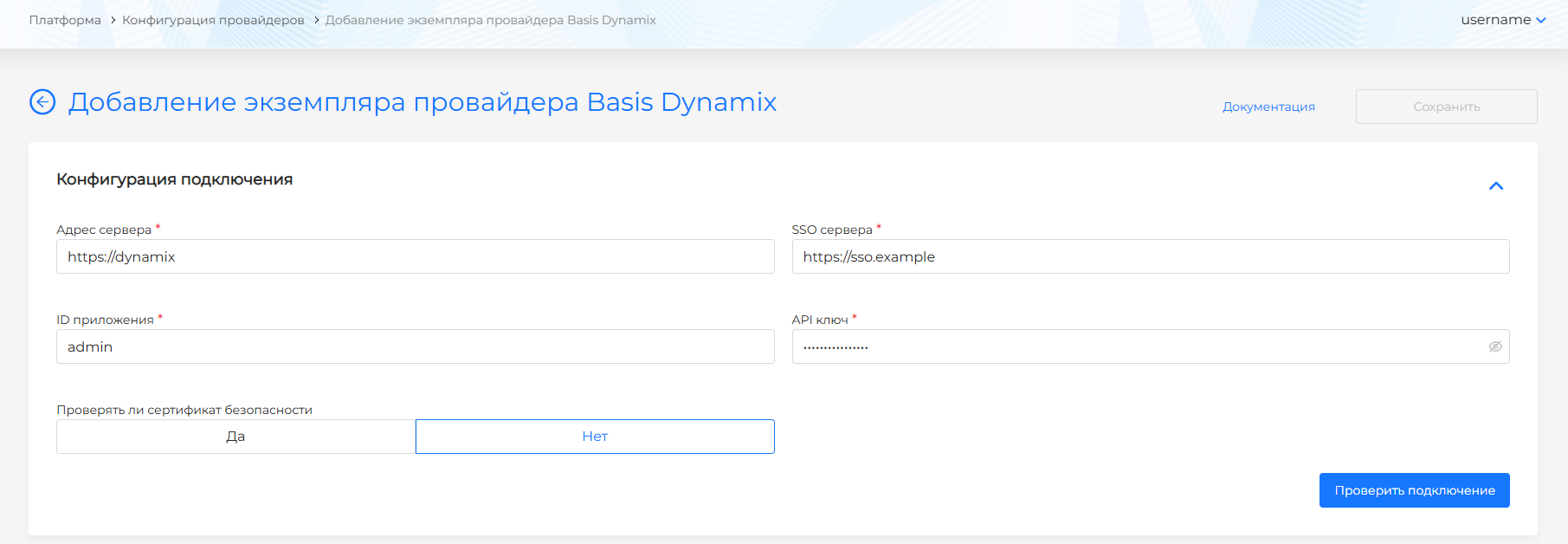 Конфигурация экземпляра Basis Dynamix