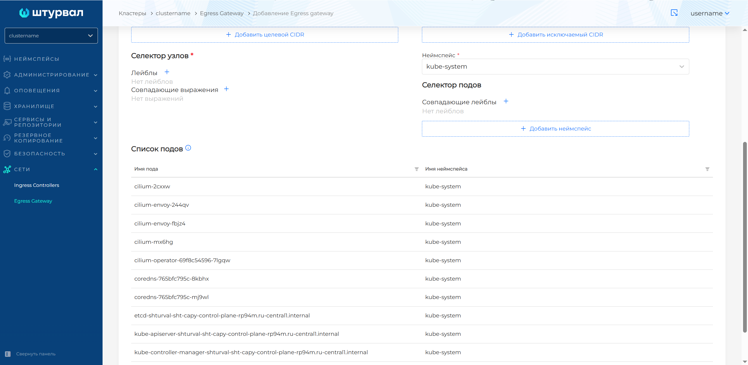Селектор подов Egress Gateway
