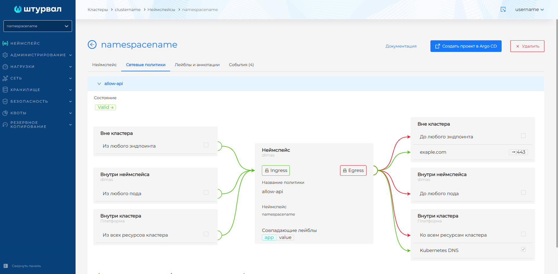 Вкладка &ldquo;Сетевые политики&rdquo; с политиками