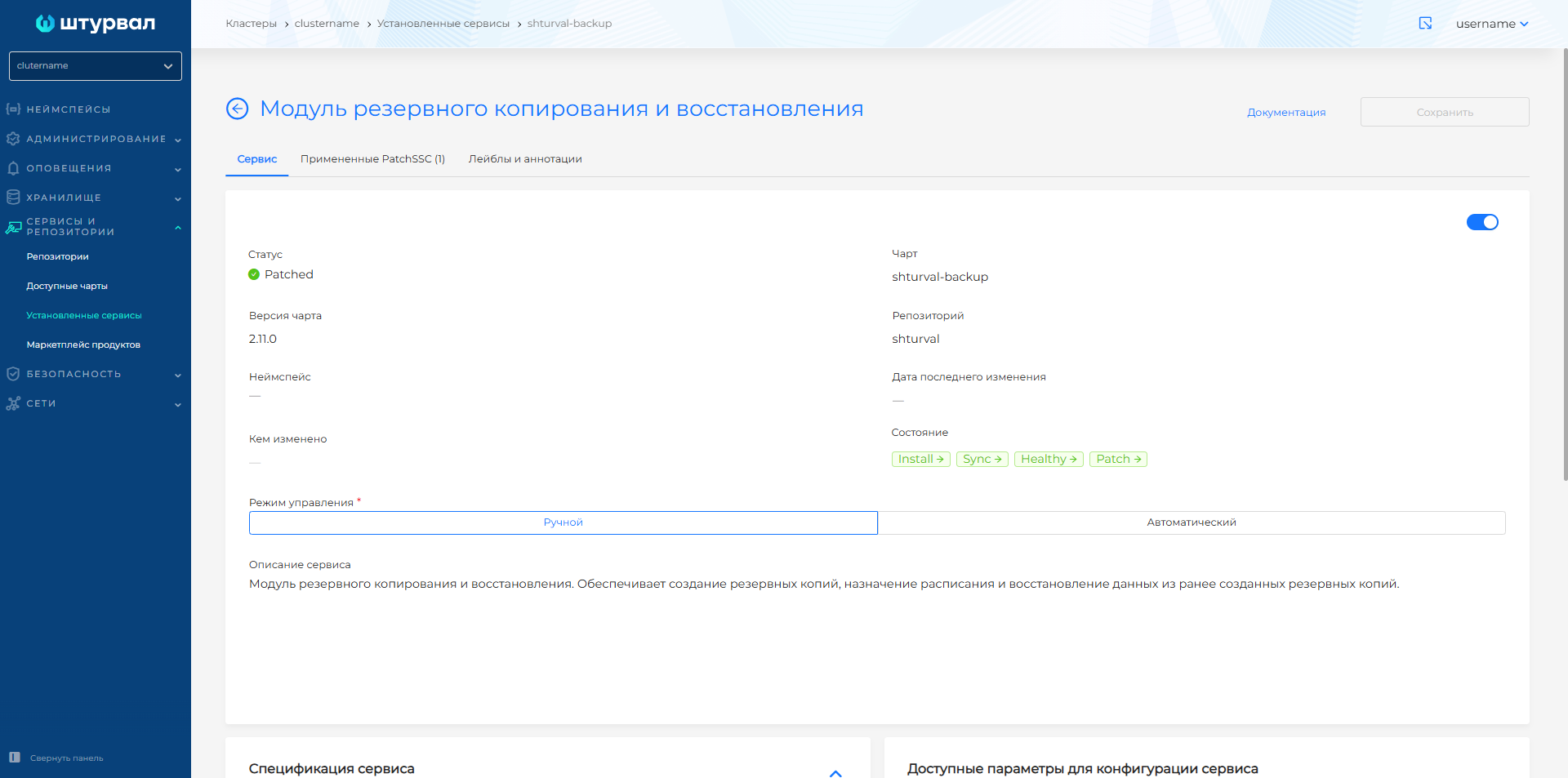 Страница сервиса shturval-backup